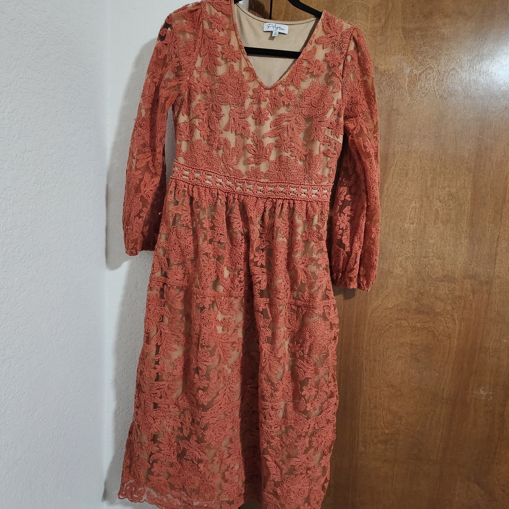 Polagram Lace Long Sleeve Dress in Rust